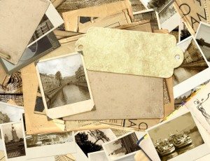 Grunge background with old photos and label